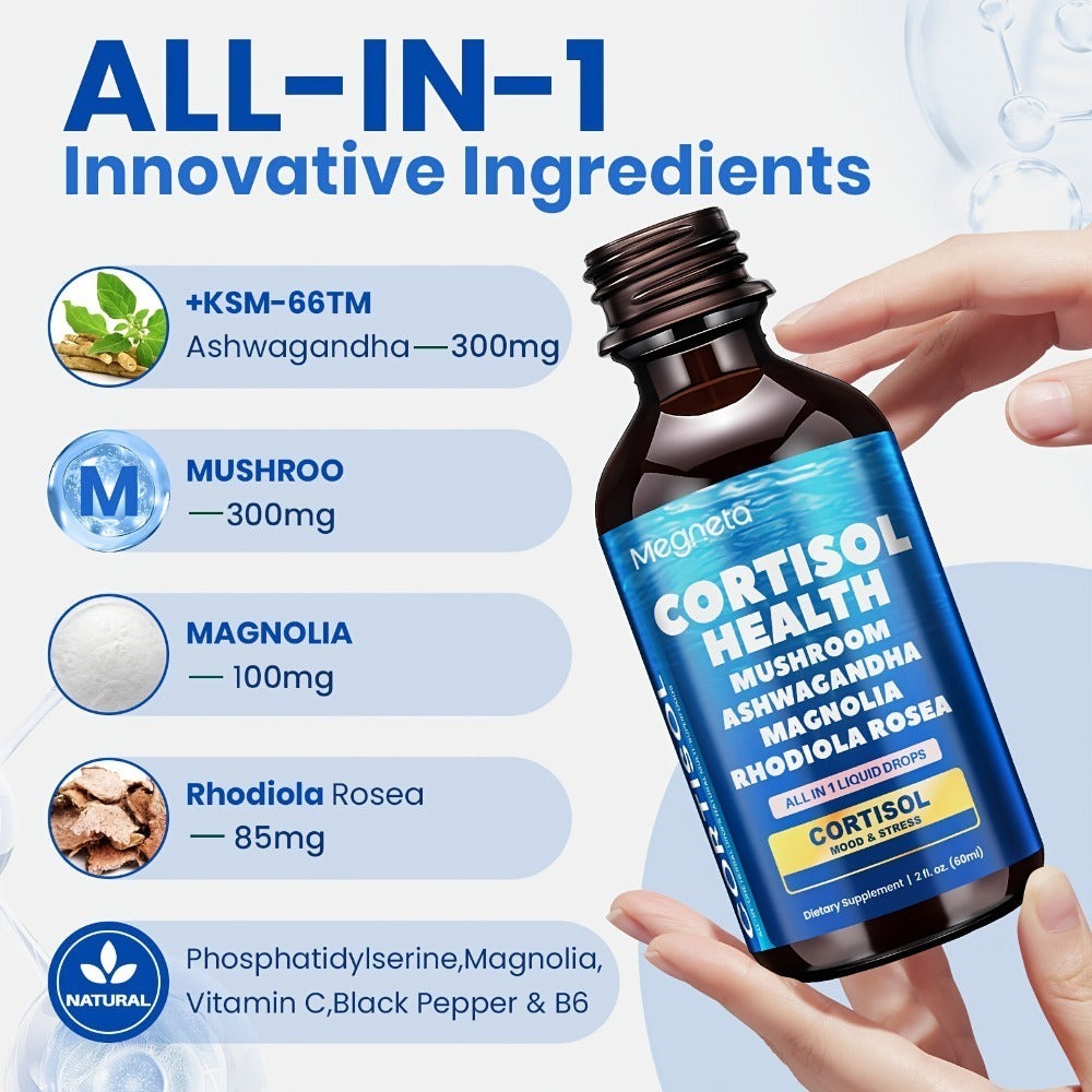 Cortisol Balance Liquid Drops for Stress & Cortisol Belly, KSM-66 Ashwagandha, Magnesium Glycinate & L-Theanine Sublingual Su