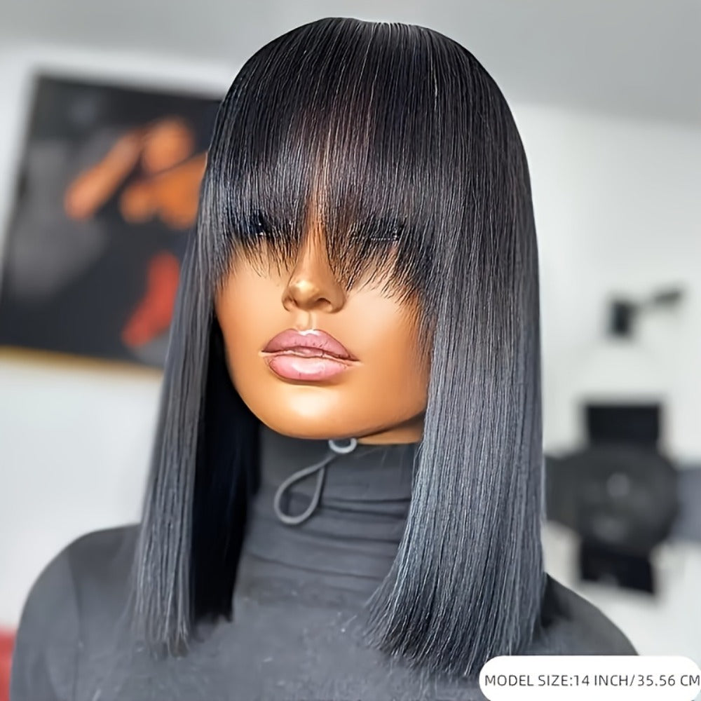Straight Bob Human Hair Wig with Full Bangs, 250% Density, Rose Net Cap and 10-18 Inch Lengths — image 4