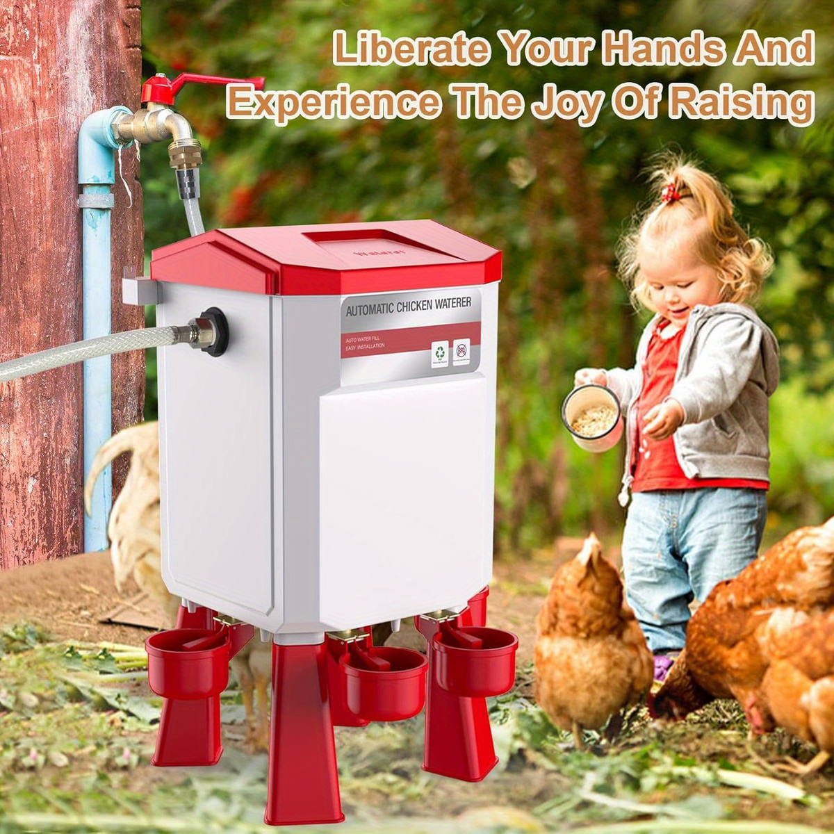 Hose-Connected Automatic Poultry Waterer with Float Valve, Four Cups and Red or Teal Color Options — image 4