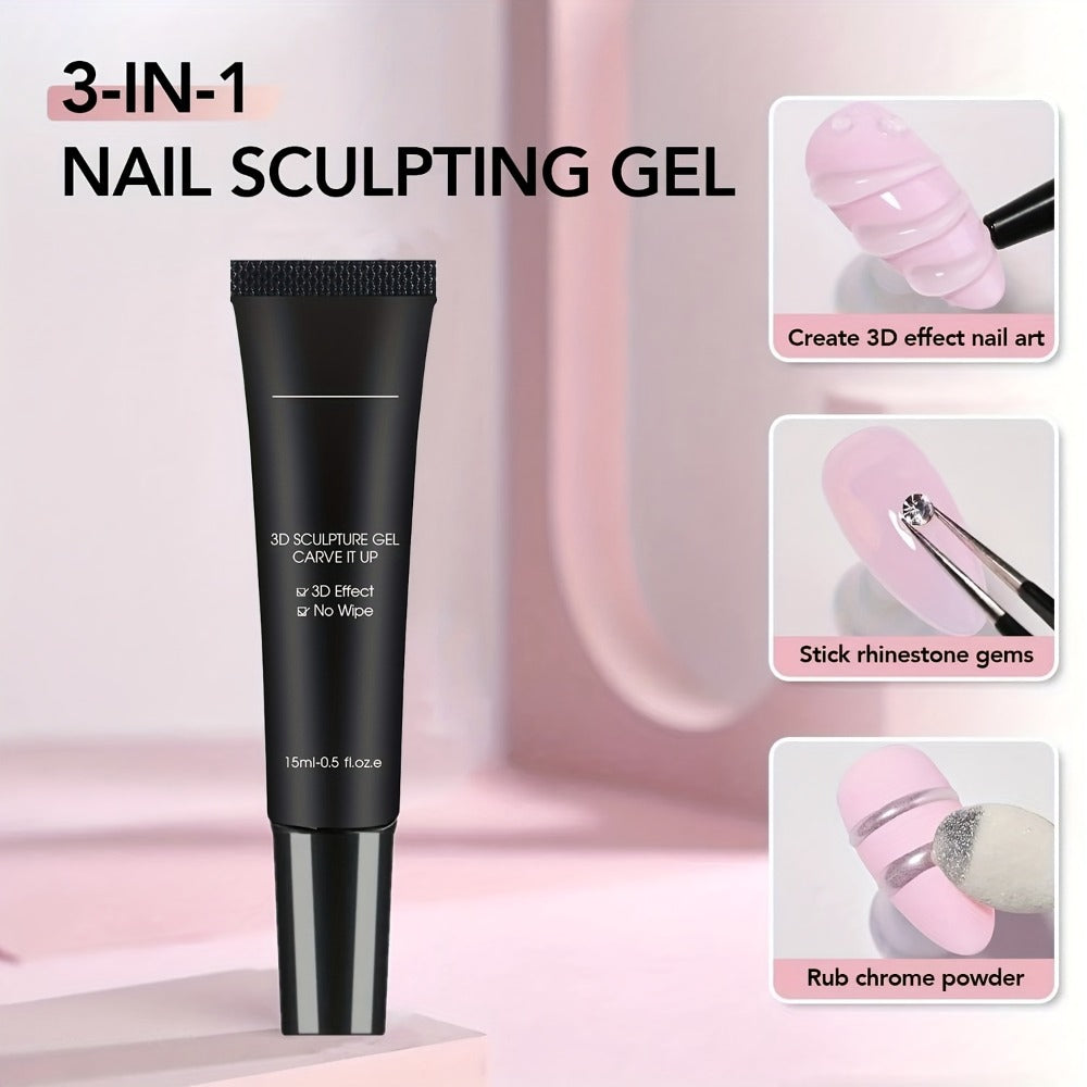 No Wipe Clear 3D Nail Sculpting Gel 2pcs 0.51oz DIY Carving Gel for Raised 3D Designs Flowers Swirls Painting Decoration UV L
