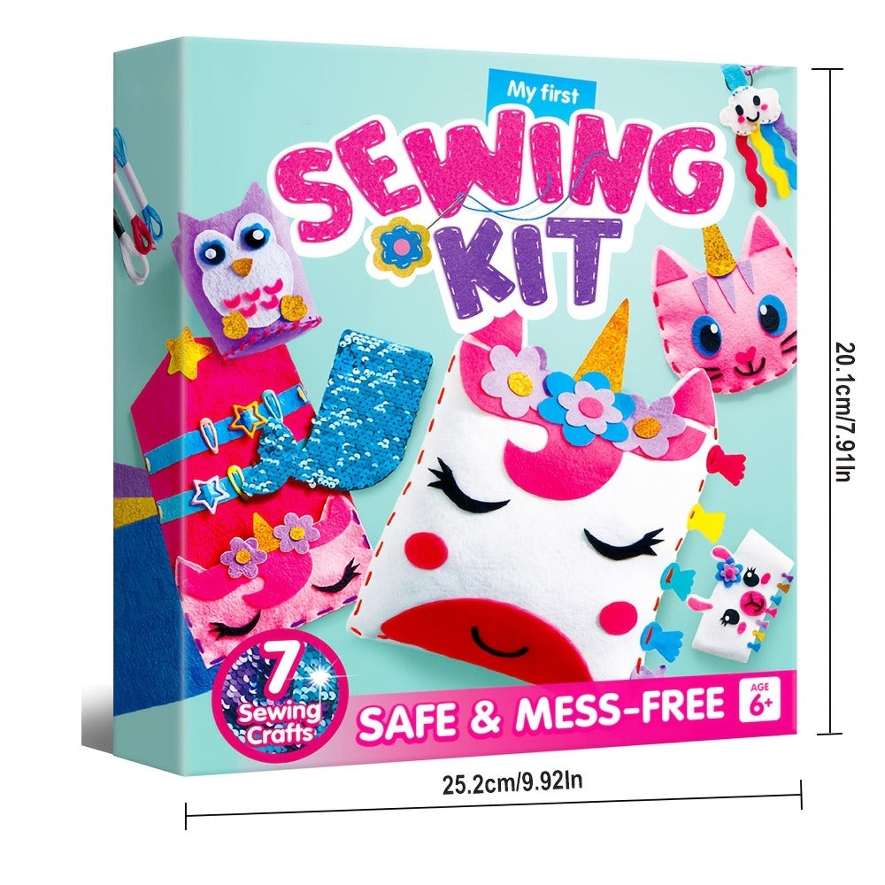 Kids Sewing Kit for Beginners 7 Felt Craft Projects, Pre-Punched Holes Safe Needles Mini Pillow Keychain Card Holder Cup Slee