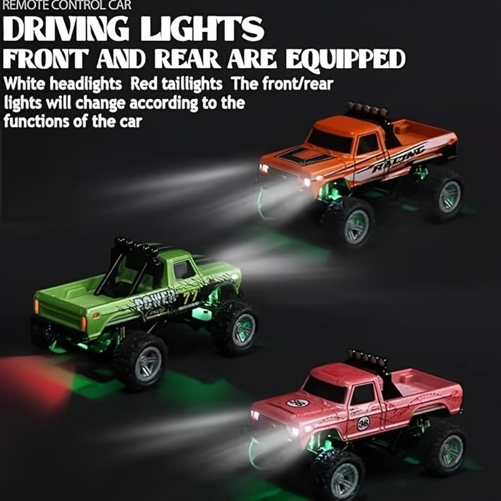 Mini RC Monster Truck 1:64 Scale Alloy Remote Control Car with LED Lights 2.4GHz Speed Steering Adjustable Kids Boys Gift — i