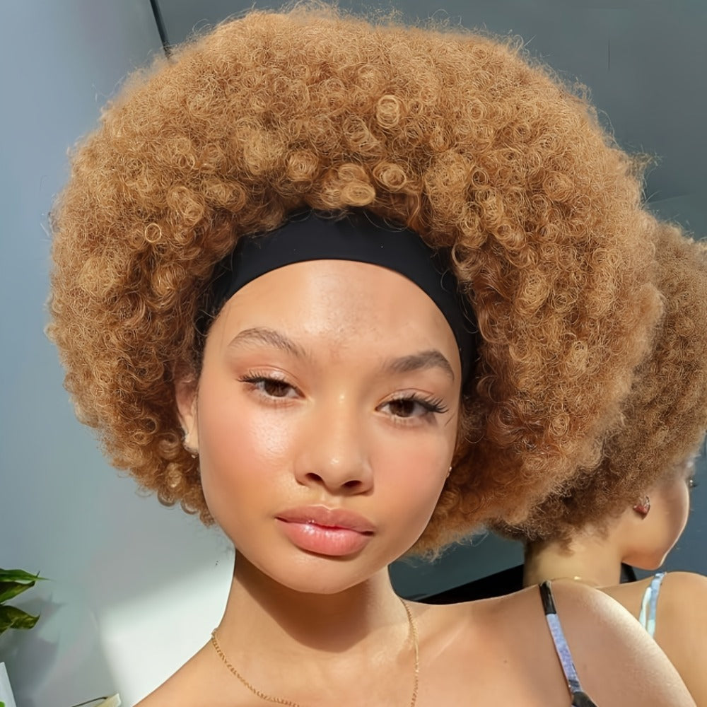 Afro Curly Headband Wig for Women Short Kinky Curly 180% Density – No Lace No Glue Synthetic Wig with Attached Headband, Heat