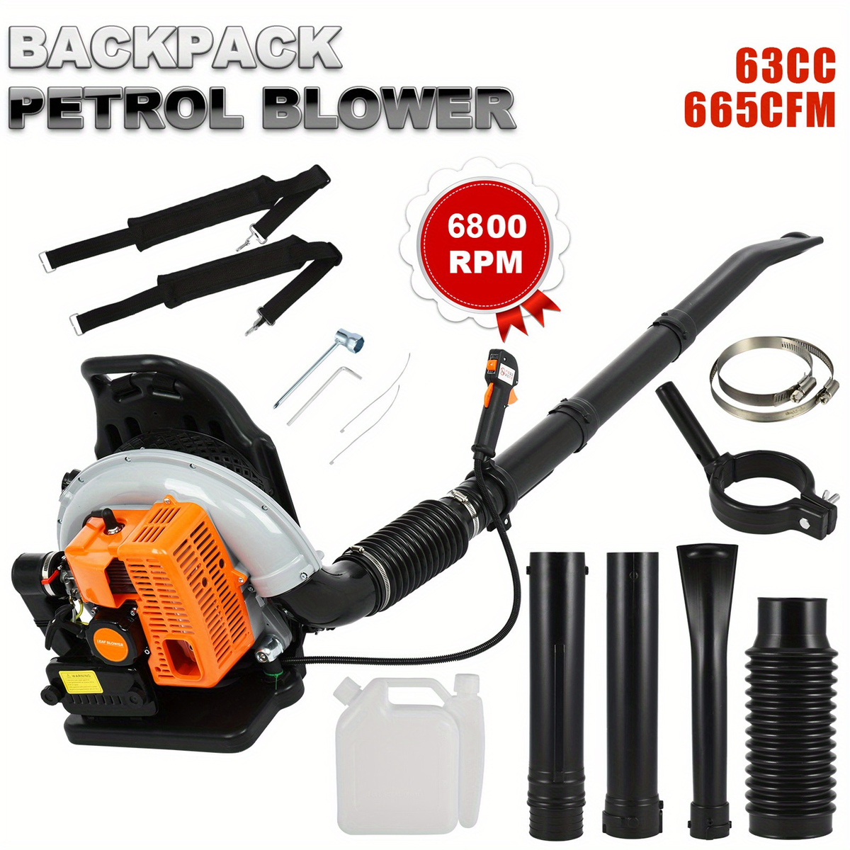 Backpack Gas Leaf Blower in Orange with 2-Stroke Engine Label, Flexible Elbow, Long Tube and Control Handle — image 11