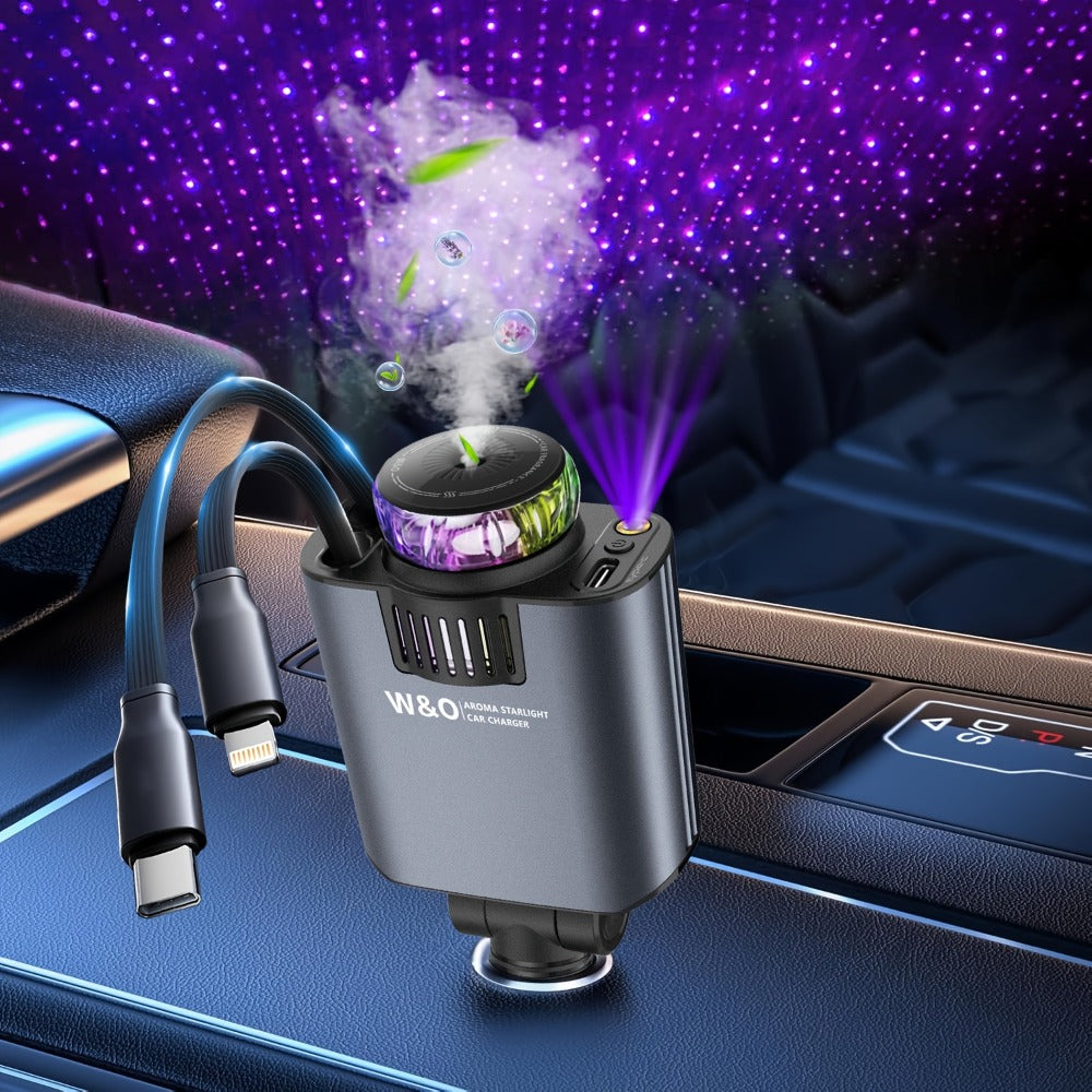 3-in-1 Car Charger, Air Freshener & Starry Sky Ceiling Light – Retractable Type-C & Lightning Cable, Aromatherapy Perfume — i