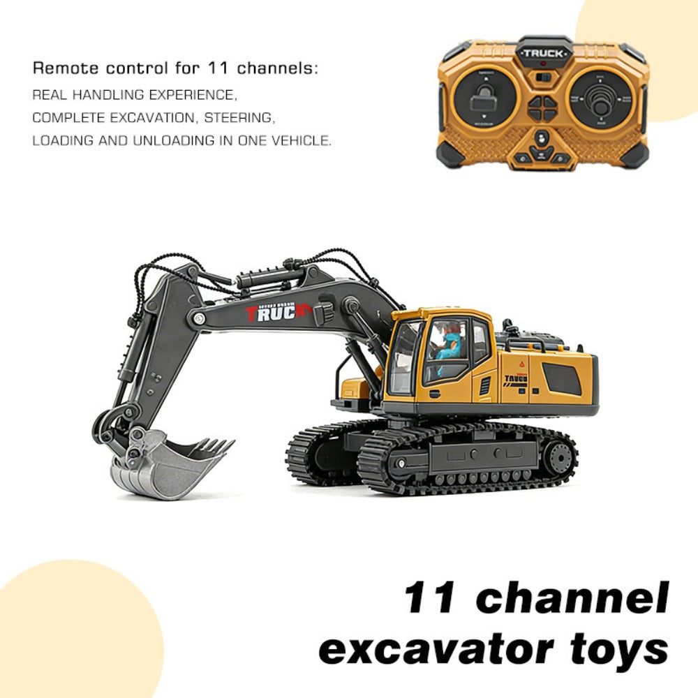 RC Excavator Toy 1:24 Scale 2.4GHz 9-Channel Remote Control with Alloy Metal Cap Lights & Sound Rechargeable Battery — image 