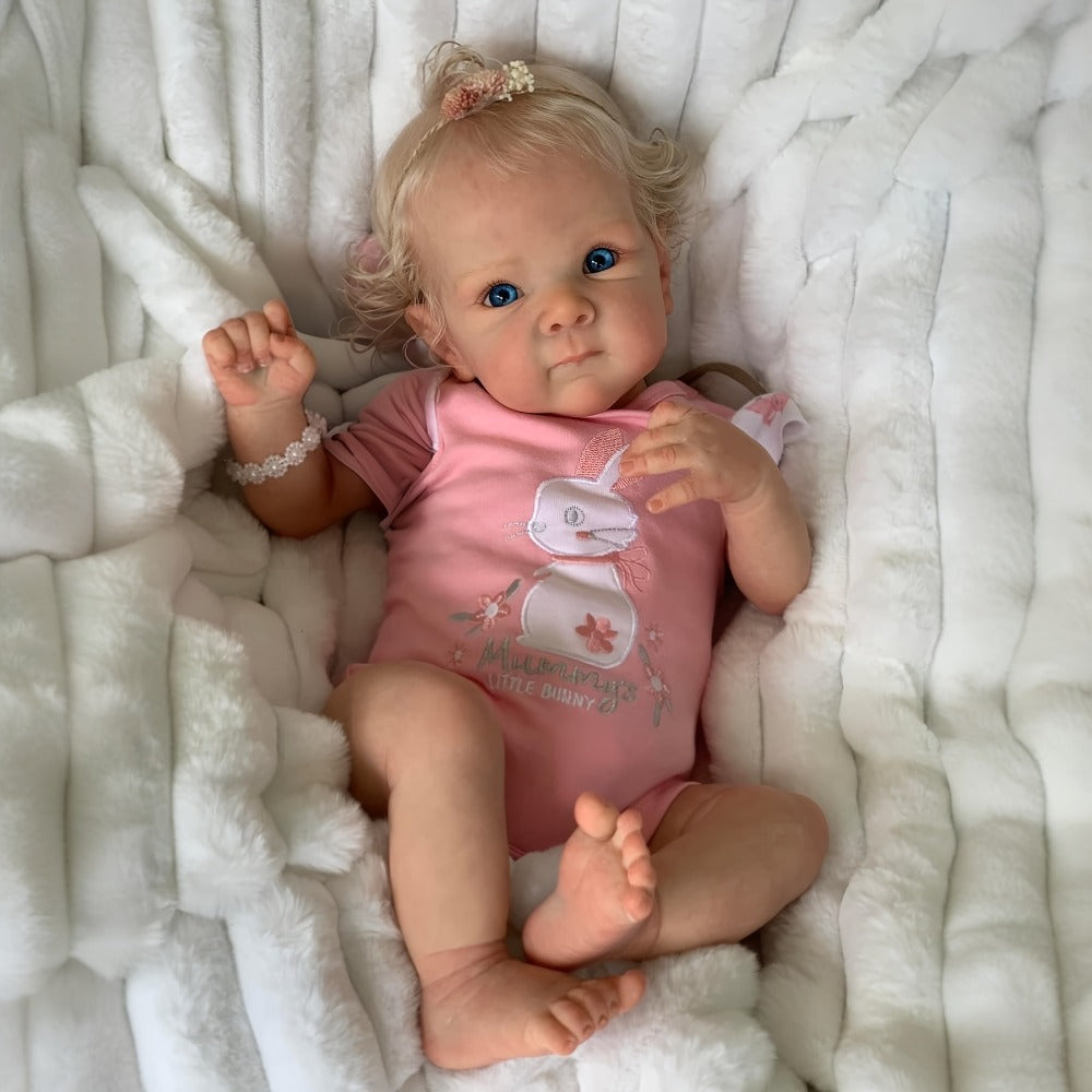 Reborn Baby Doll 16-Inch Cloth Body with Rooted Blonde Hair, Open Eyes, Pink Romper and Pacifier Set — image 3