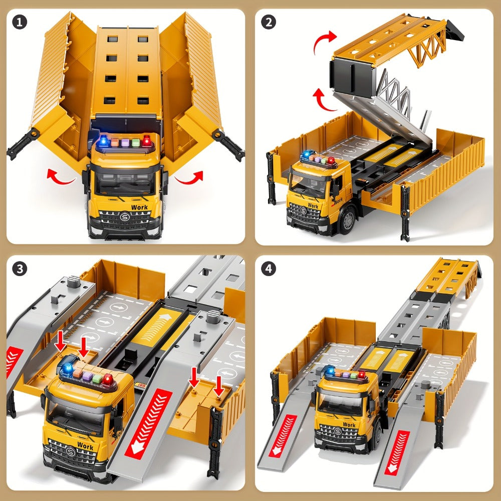 Construction Vehicle Container Truck Toy Set with Crane & Foldable Double Race Track, 4 Alloy Trucks — image 5