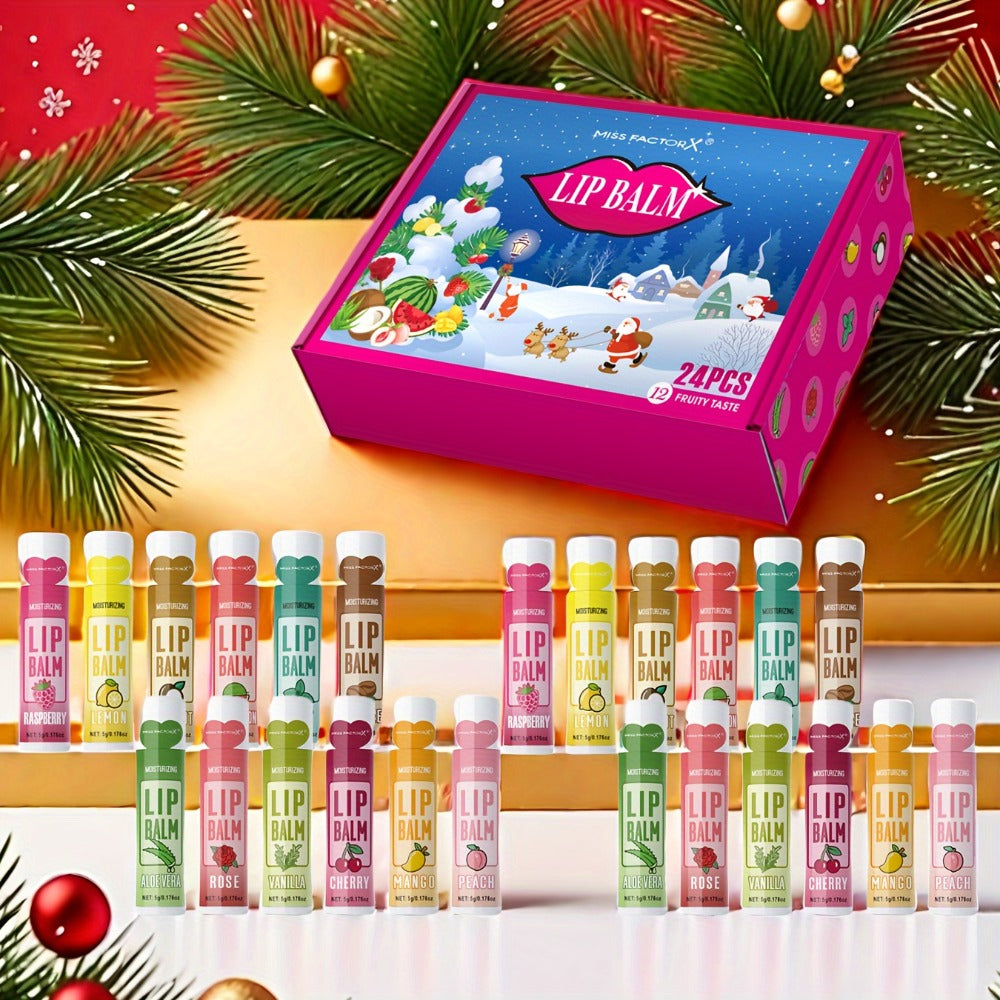 Lip Balm 24-Piece Holiday Gift Box with 12 Assorted Flavor Labels and Colorful Twist-Up Tubes — image 8