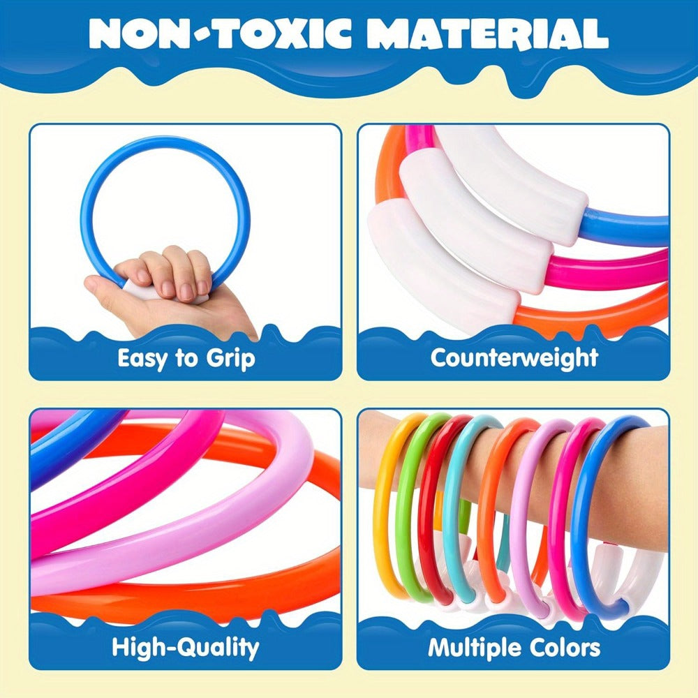 Diving Rings Pool Toys for Kids 8 Pack, Colorful Sinking Dive Rings Underwater Swimming Training Set for Boys & Girls — image