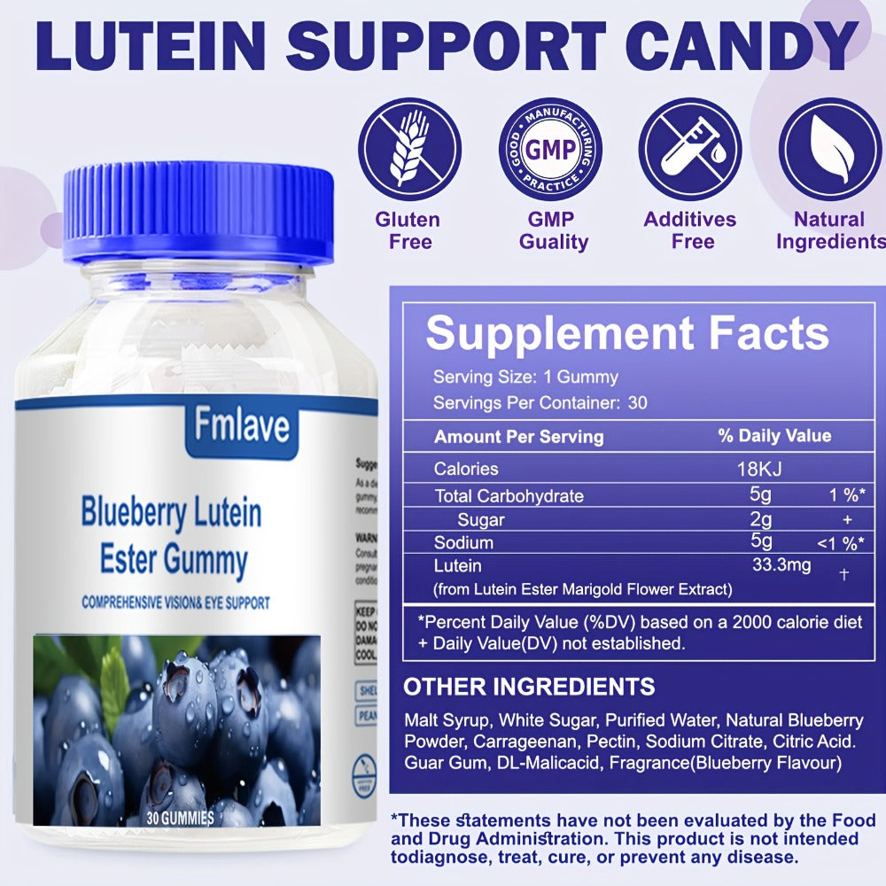 Lutein Eye Health Gummies Blueberry 30-Day Supply - Vision Clarity & Blue Light Protection for Bath Time, Home Spa and Person