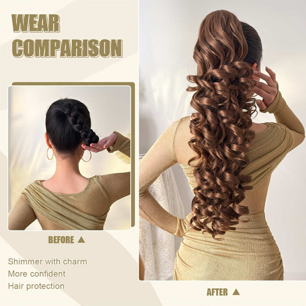Curly Ponytail Extension 28 Inch Long Heat Resistant Synthetic Clip In Wrap Around Hairpiece Voluminous Bouncy Curls 4 Styles