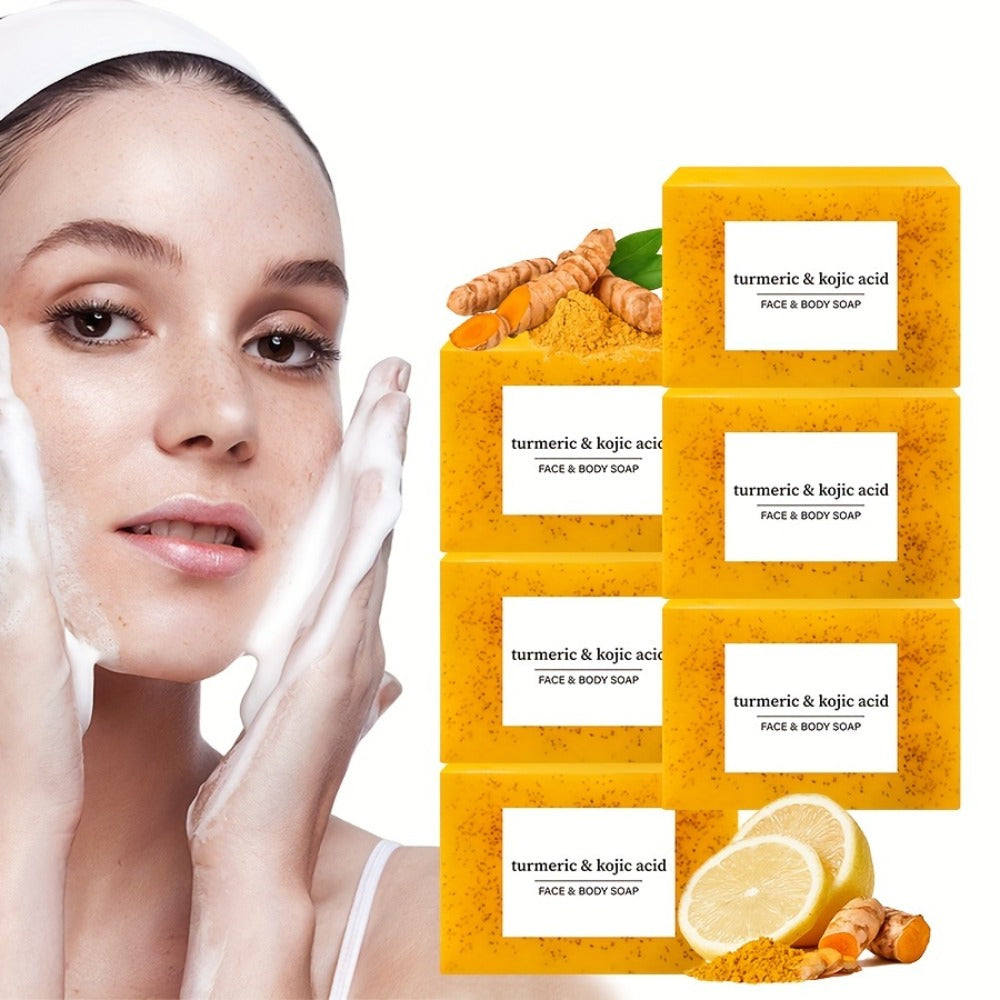 Handmade Turmeric Lemon Soap Bar Set Natural Exfoliating Face Body Cleansing Oil Control Alcohol Free with Lathering Screens 