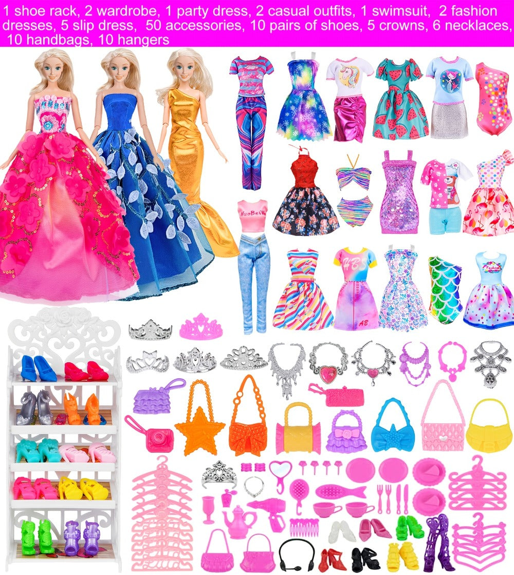 Doll Closet Playset 105 Piece Rose Wardrobe for 11.5 Inch Dolls, Wedding Gowns Fishtail Dress Swimsuit Shoes Handbags Crowns 
