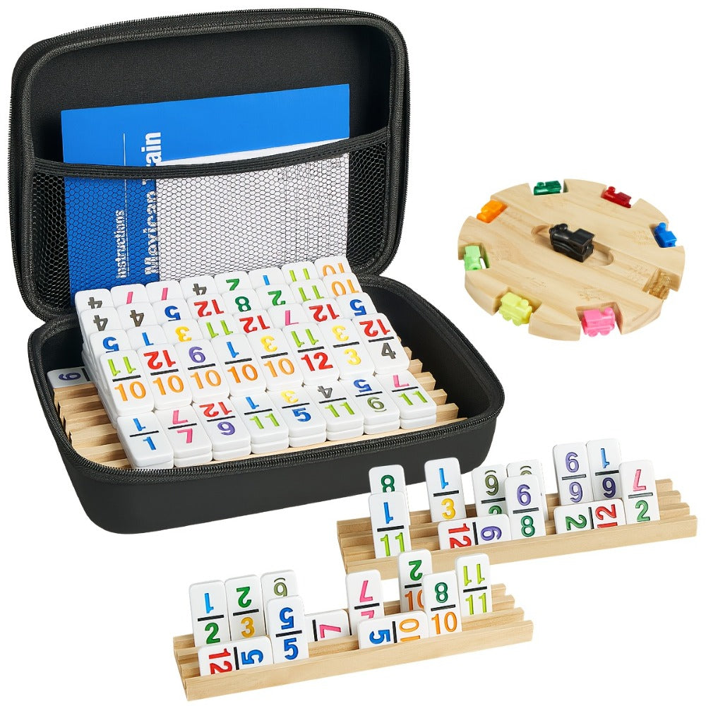 Mexican Train Dominoes Double 12 Set – 91 Colorful Tiles, 9 Metal Trains & 4 Wooden Racks, Complete Strategy Board Game with 