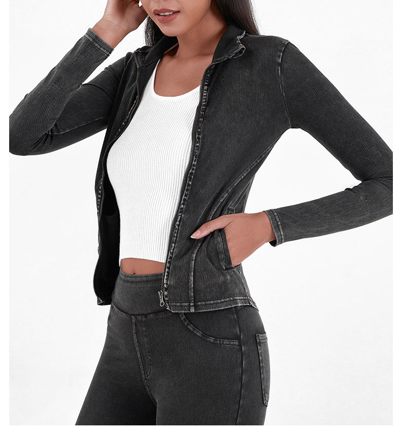 Slim Zippered Yoga Denim Jacket With Pockets High Collar Sports Fitness Outerwear Tops Coat For Women Clothing
