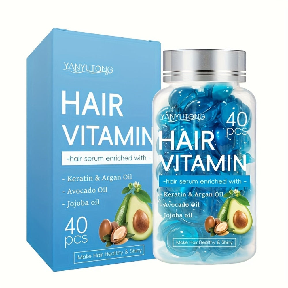 Hair Oil Capsules 40pcs – Keratin Hair Vitamin Essence with Moroccan Argan Oil, Avocado Oil & Jojoba Oil | No-Rinse Deep Nour