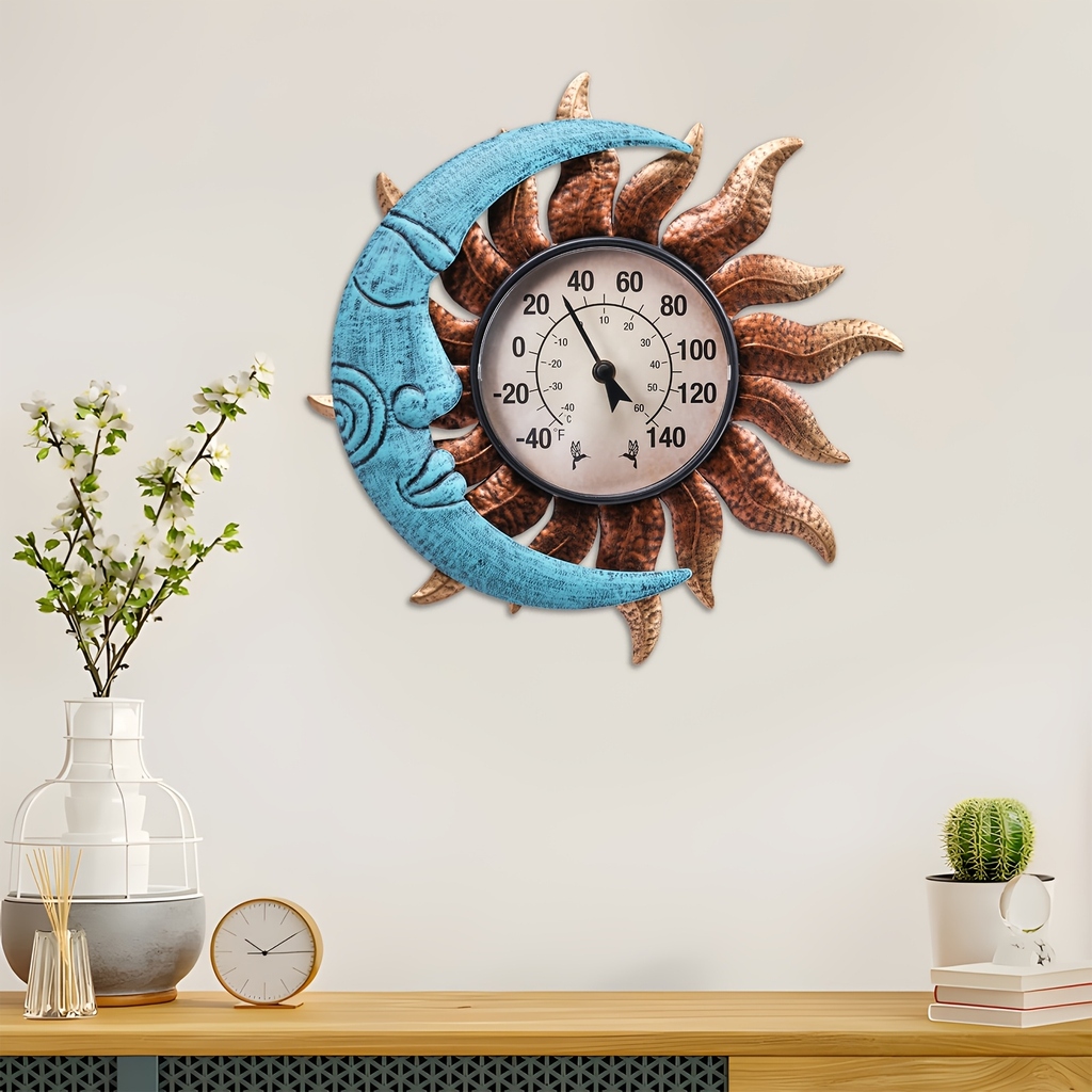 Outdoor Wall Thermometer with Sun & Moon Art – IPX4 Waterproof, Decorative Patio Garden Thermometer for Indoor Outdoor Use — 