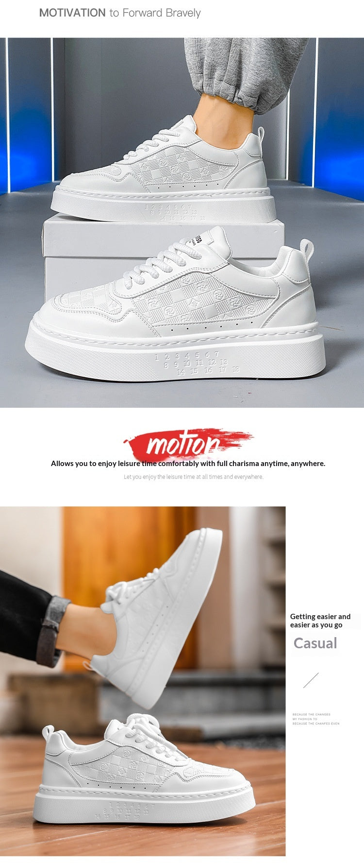 Mens Versatile Casual Height-increasing White Sneakers