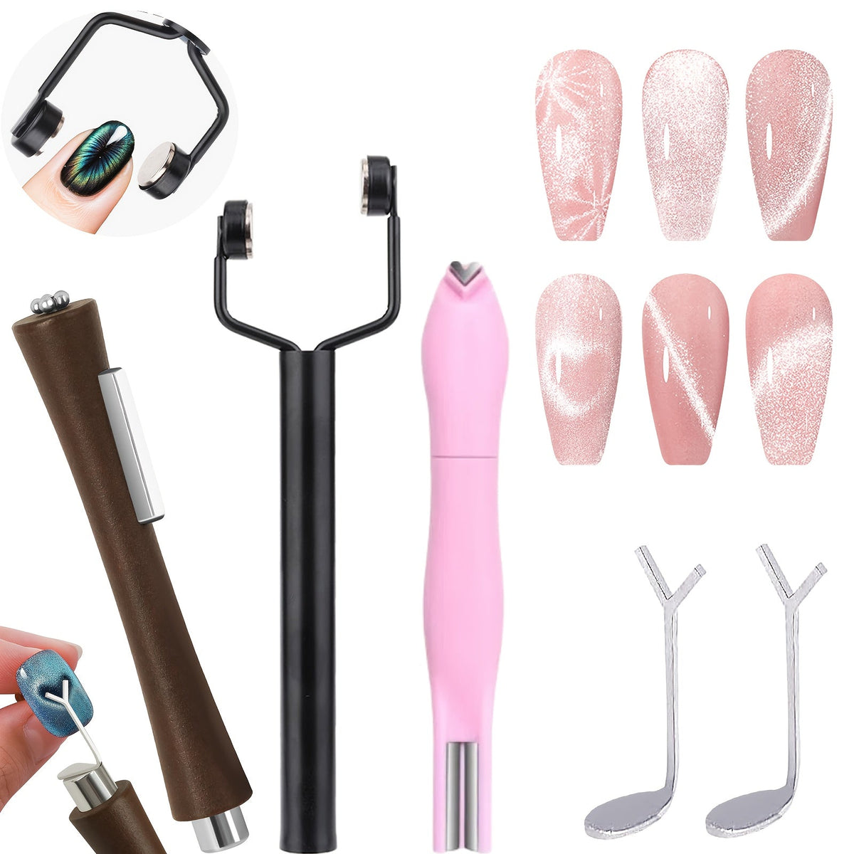 4-in-1 Y-Shaped Cat Eye Nail Magnet Stick Double Head – Heart & Multi-Pattern Magnetic Tool for Cat Eye Gel Polish Nail Art —