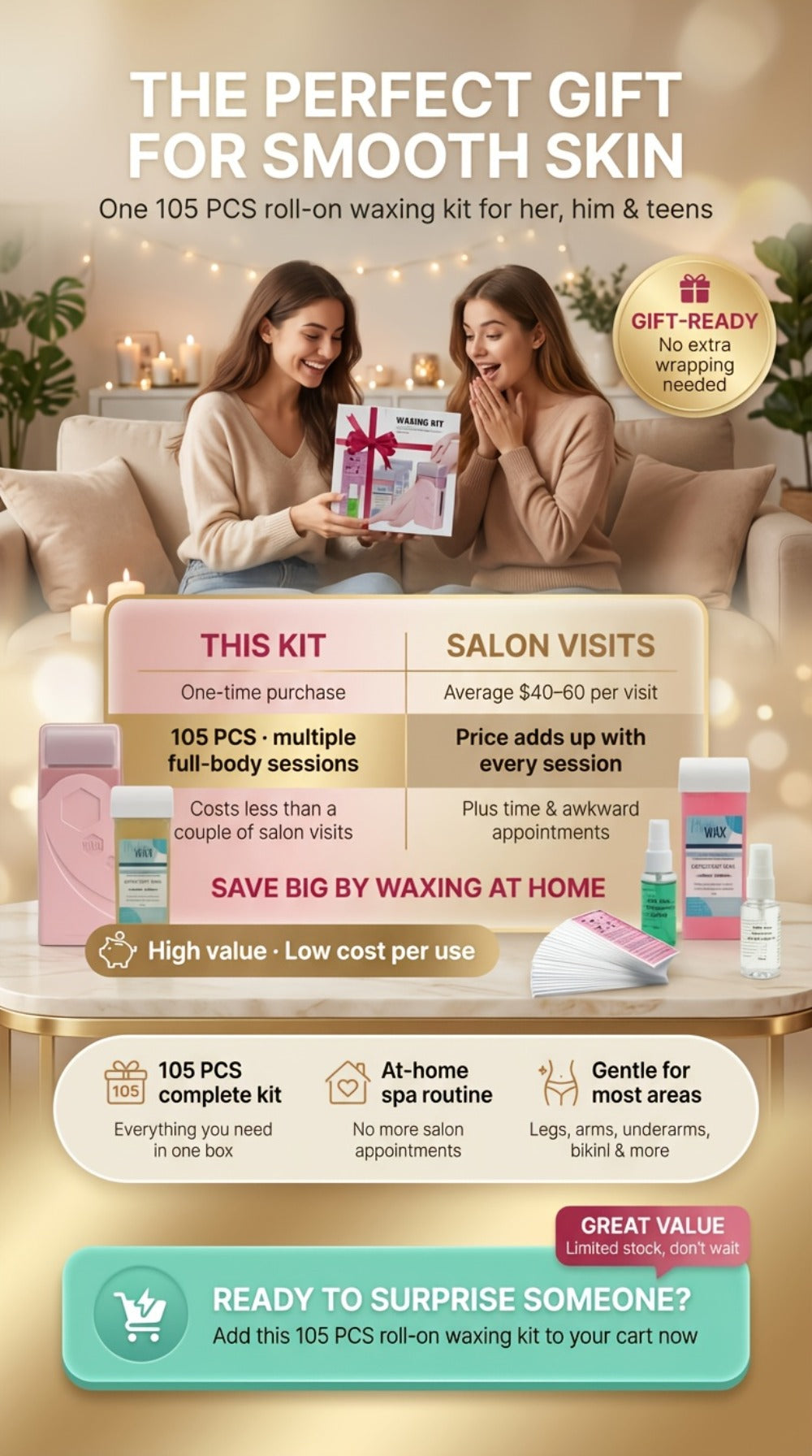 Roll On Wax Kit 105 Piece Complete Home Waxing Set – 2 Roll On Wax Rollers, Wax Warmer, 100 Waxing Strips, Lavender Oil & Pre