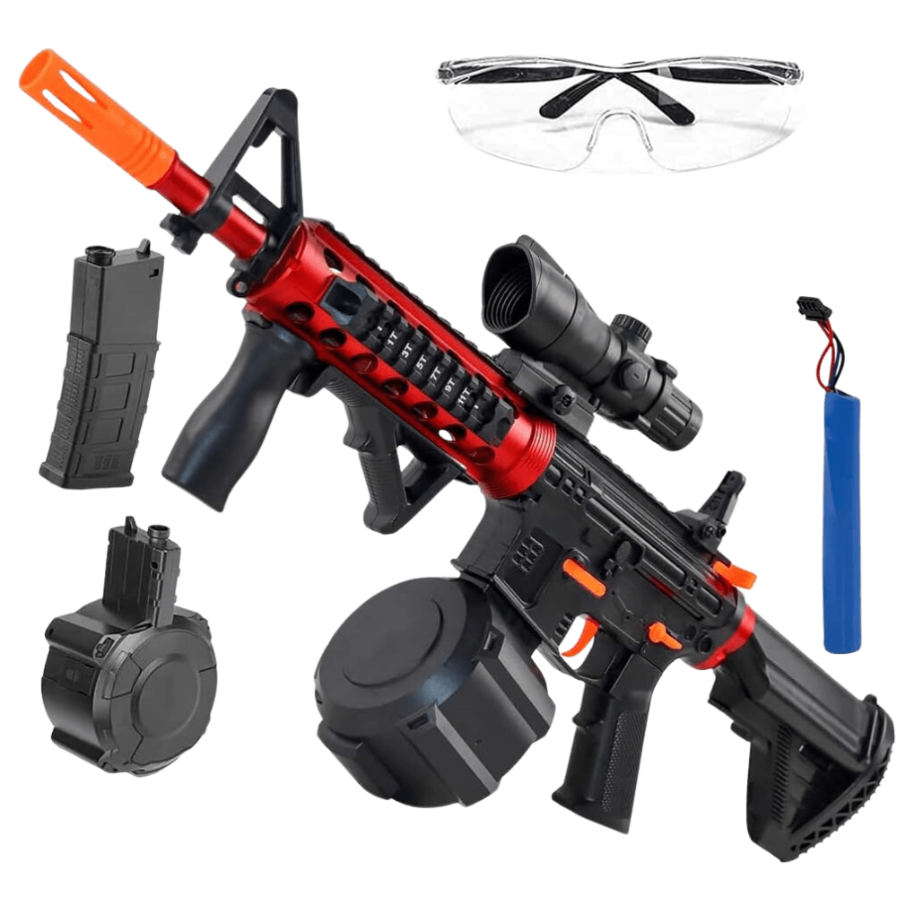 Red-and-Black M416-Style Electric Gel Blaster Set with Scope, Drum, Magazine, Goggles and Charging Cable — image 3