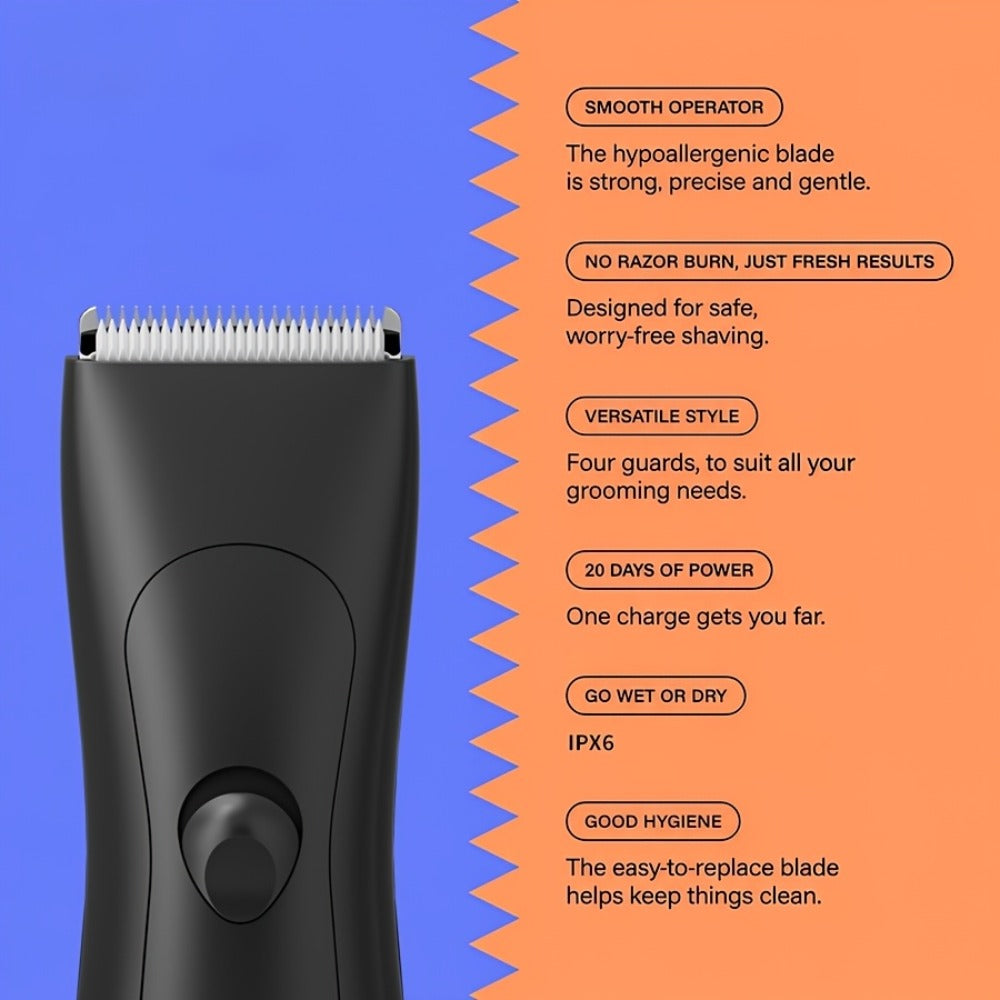Ceramic-Blade Body Hair Trimmer with IPX6 Rating, Two Guide Combs and Black or Purple Options — image 3