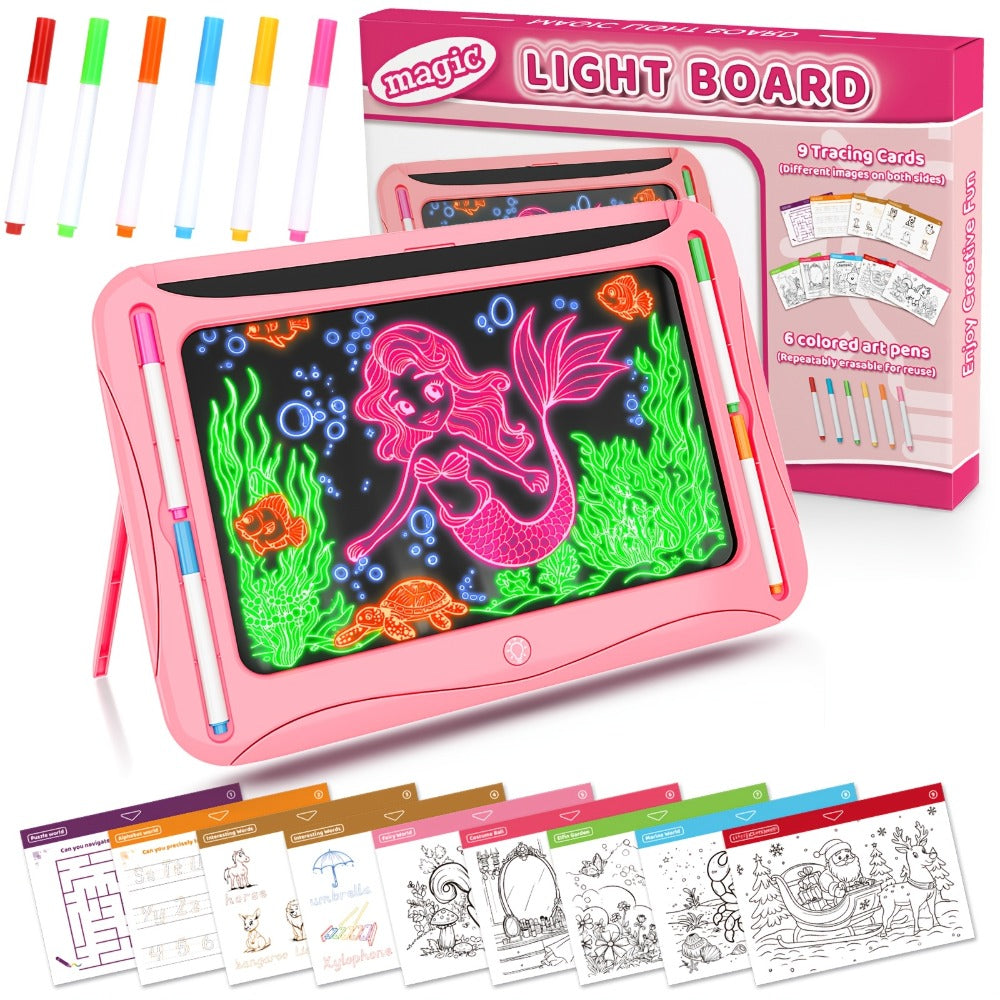 LED Light Up Drawing Board for Kids, 9 Double-Sided Tracing Cards 6 Markers Glow Doodle Travel Art Toy for Girls Boys Ages 3-