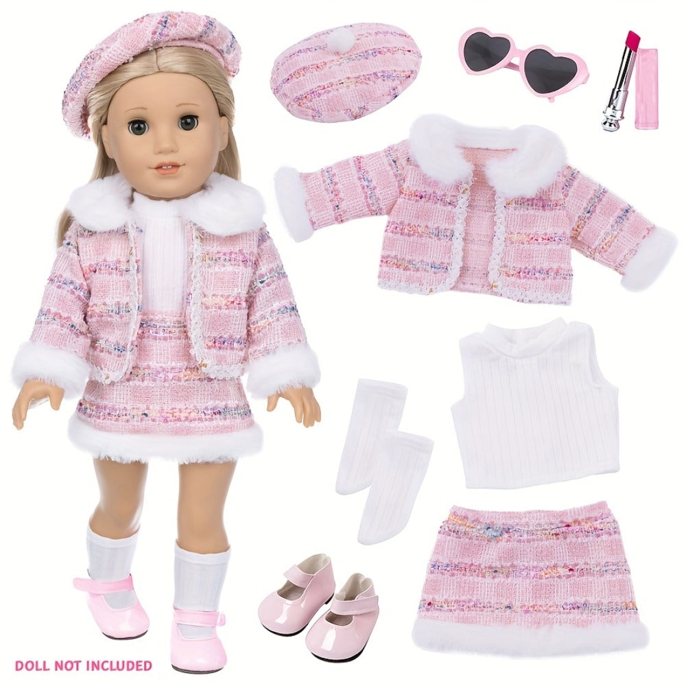 18 Inch Doll Knitted Clothes Outfit Set with Hat Jacket Skirt Shoes Socks Sunglasses Lipstick — image 8
