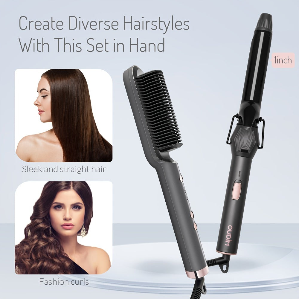 Hair Straightener & Curling Iron Set for Women, Flat Iron Straightening Brush, Anti-Scald, Precise Temperature Control — imag