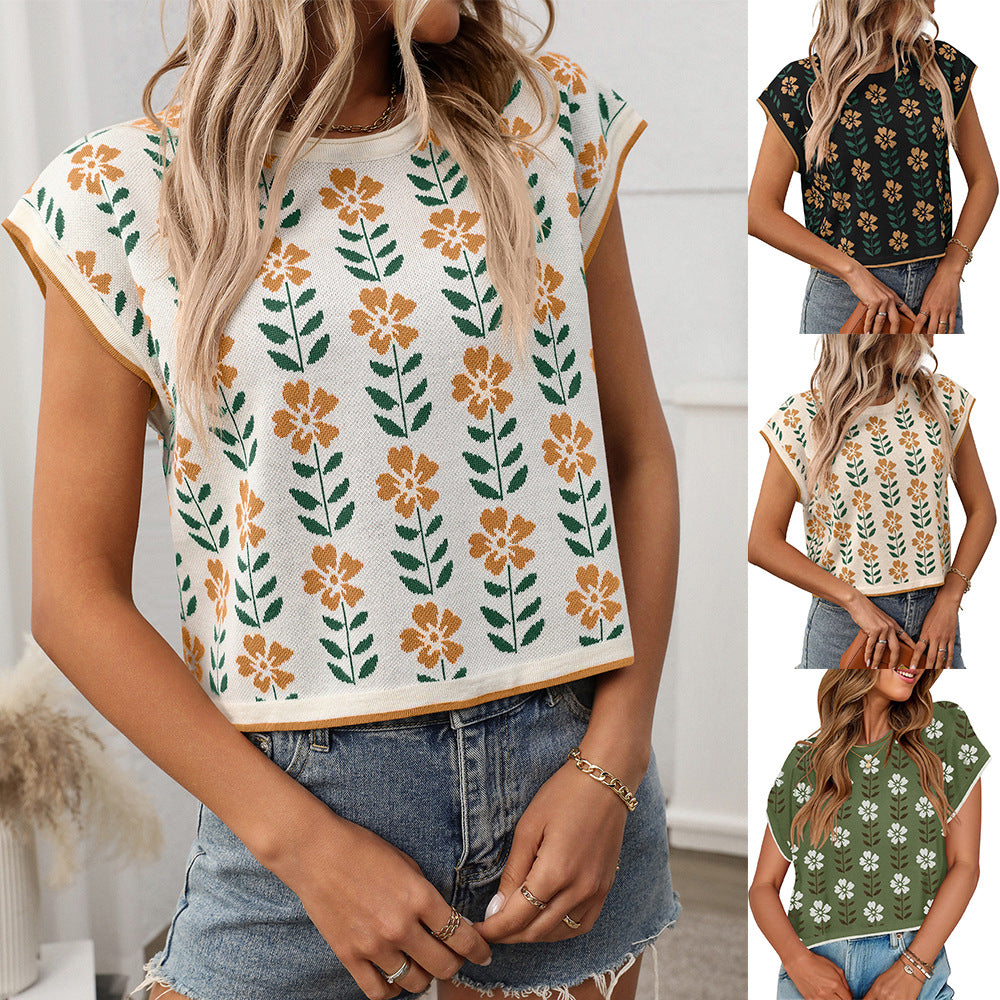 European and American round neck knitted small flower top