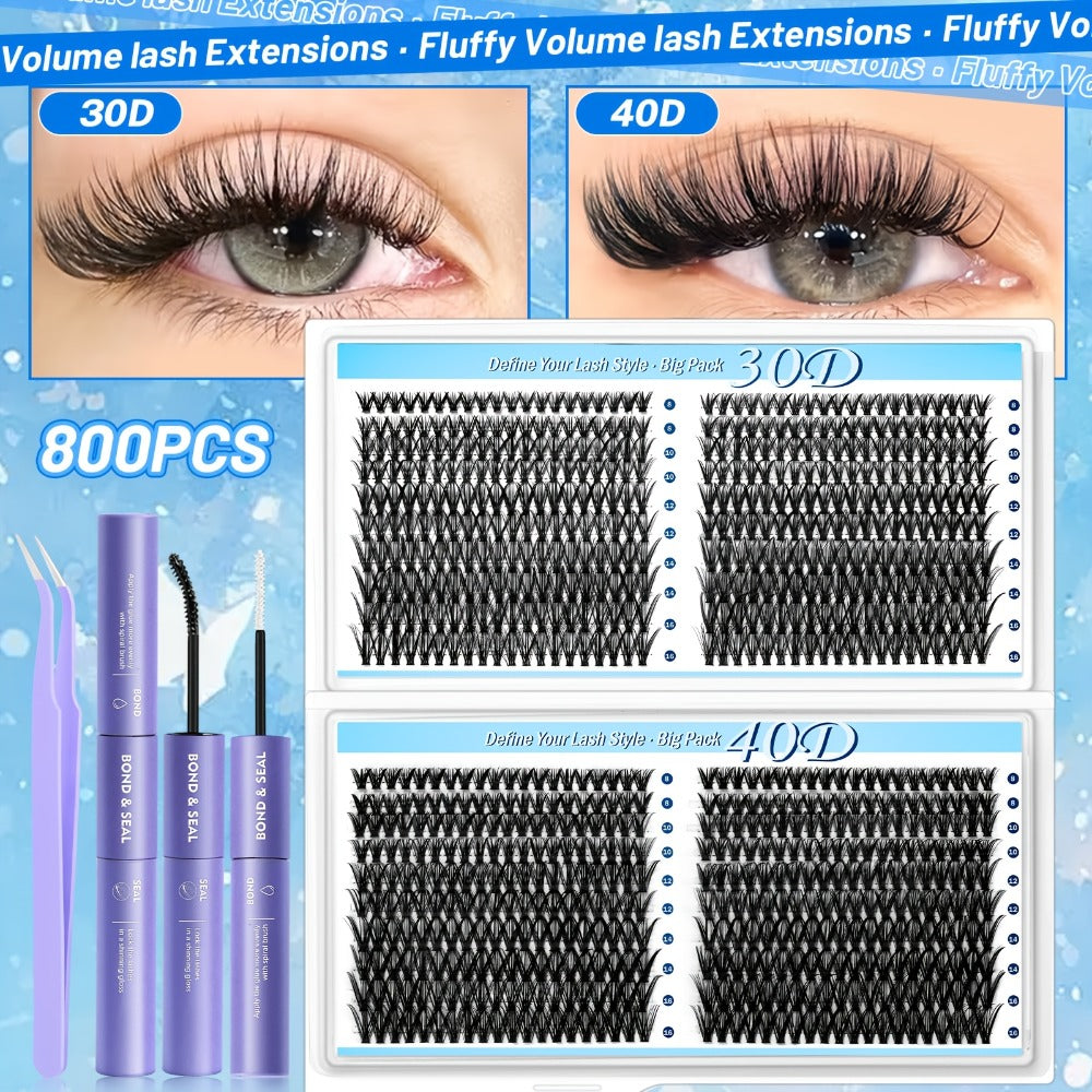 800-Piece 30D and 40D Lash Cluster Kit with Mixed 8–16mm Lengths, Bond-Seal Tube and Tweezers — image 1