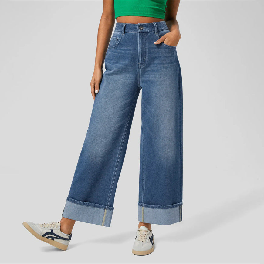 High-waisted Trousers-foot Curling Straight Jeans