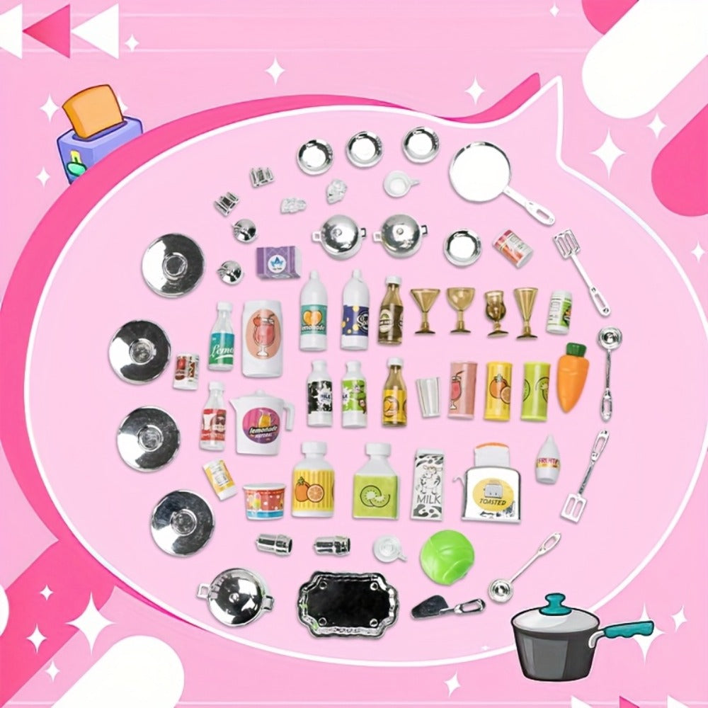 Pink Kitchen Toy Set 64pcs with Lights & Sounds, Mini Furniture Doll Playset for Girls, Pretend Play Kitchen Accessories — im