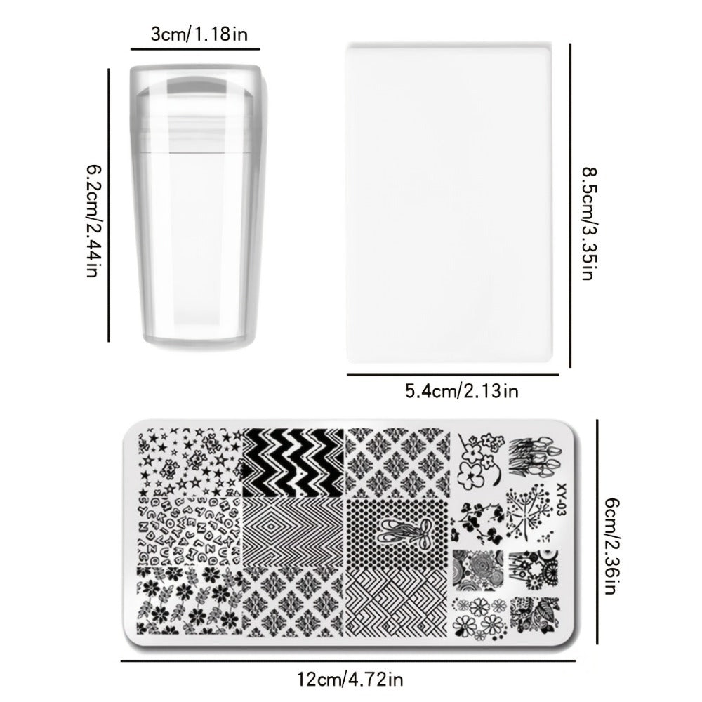 Nail Stamping Plate Set 9Pcs with 7 Mixed Design Stainless Steel Plates – Complete Nail Art Stamp Kit with Stamper & Scraper 