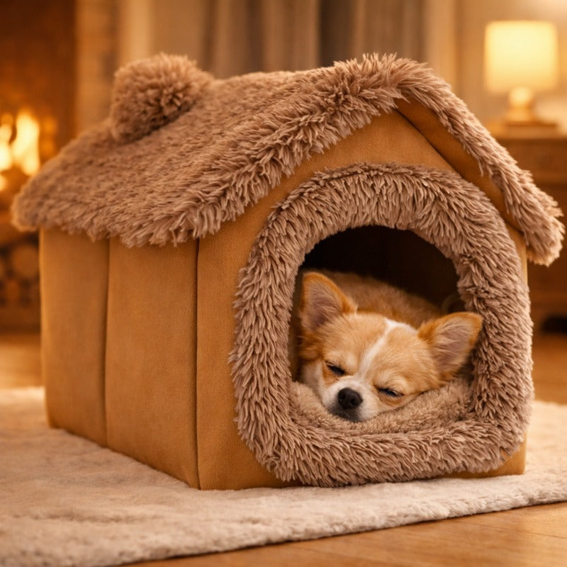 Plush Dog House Cave Bed with Brown-1 Finish, L Size Label and Padded Inner Mat for Indoor Pets — image 7
