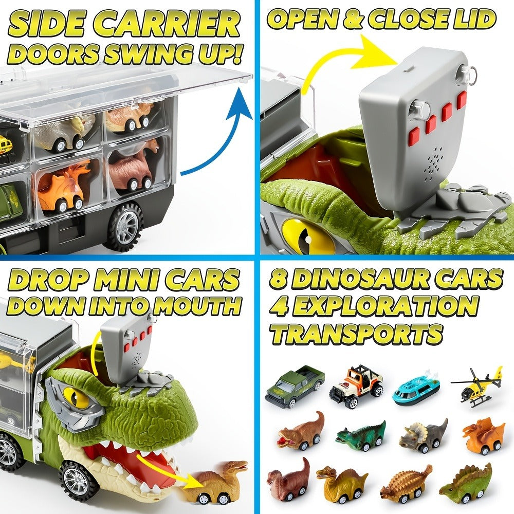 Dinosaur Truck Toy Set 13 PCS, Transport Carrier Truck with Lights & Sounds + 8 Pull-Back Cars + 3 Die-Cast Dino Vehicles + H
