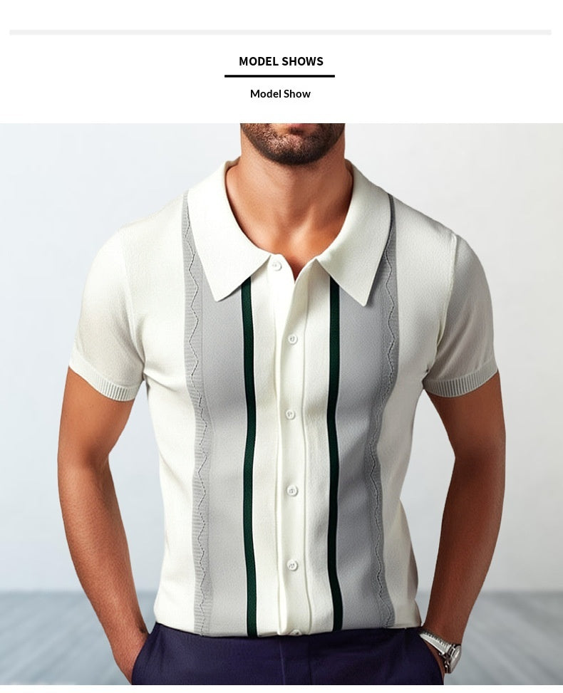 Summer New Men's Knitted Lapel Casual Striped Polo Shirt
