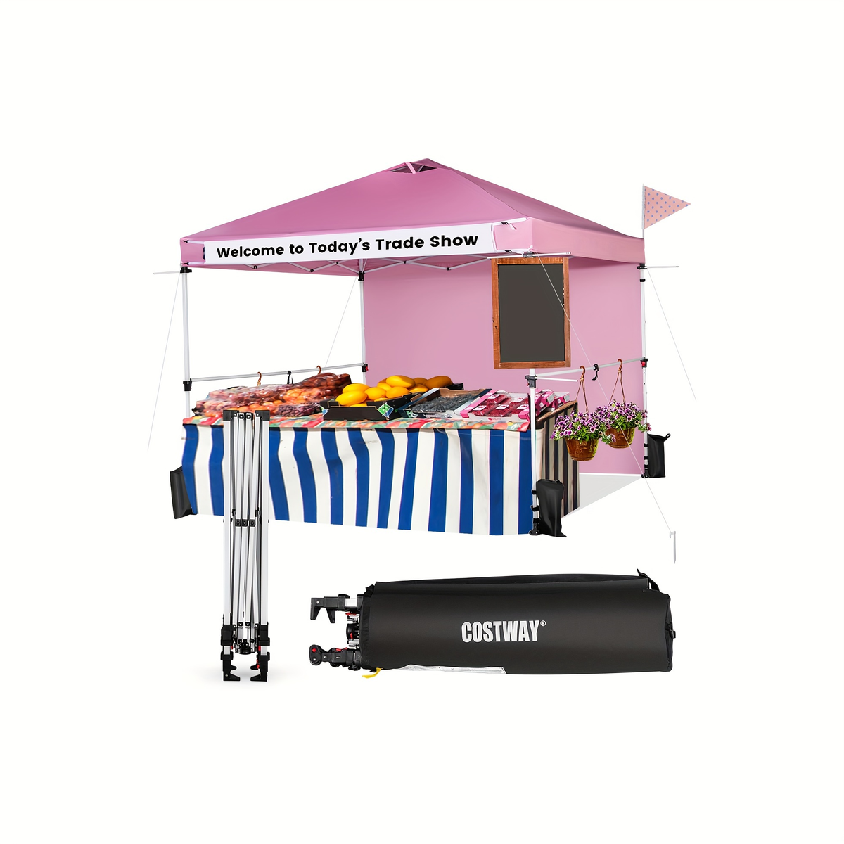 Pink 10x10ft Commercial Pop-Up Canopy Tent with Sidewall, Hanging Bars, Crossbars and Banner Strip — image 9