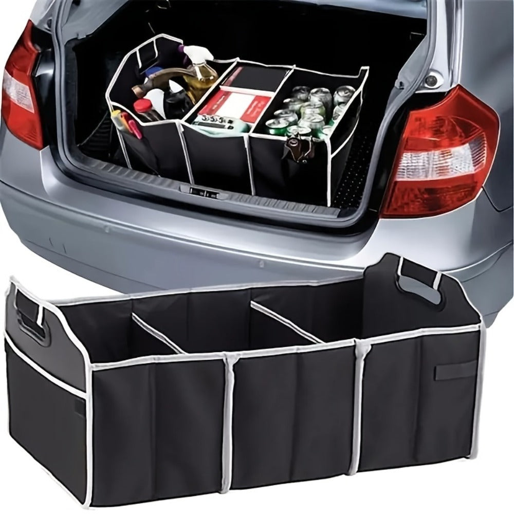 Car Trunk Organizer, Foldable 3-Compartment Black Storage Bin with Carry Handles and 1- or 2-Piece Options — image 1