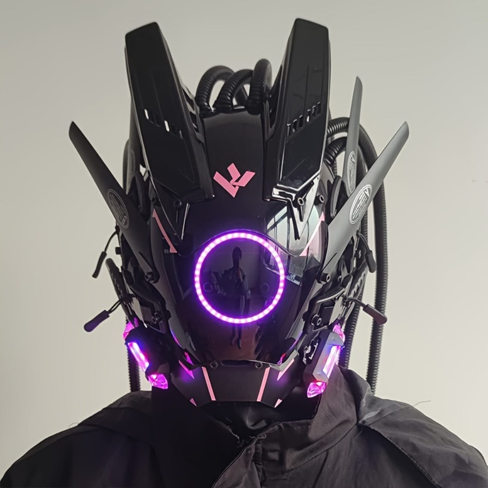 LED Braided Cyberpunk Costume Helmet with Circular Face Light and Blue, Green or Pink Accent Styles — image 26