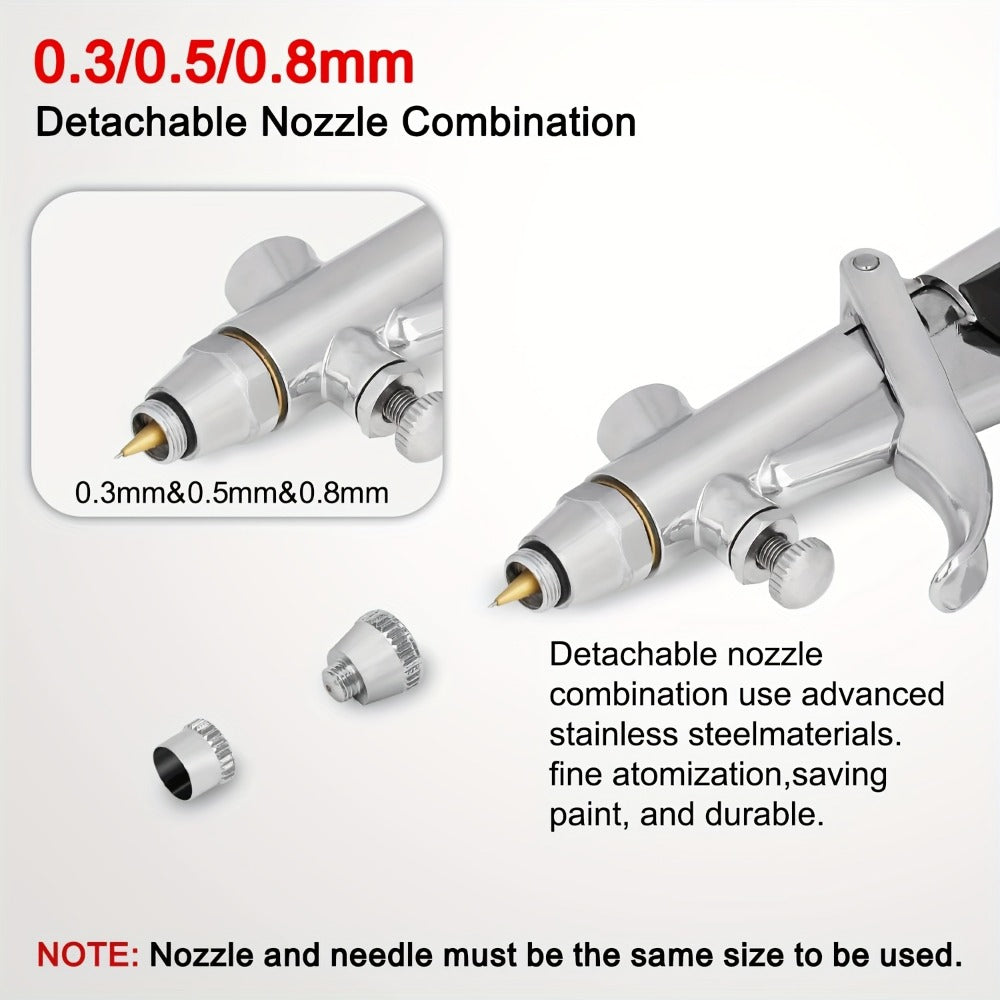 Double-Action Trigger Airbrush Kit with 0.3, 0.5 and 0.8 mm Nozzles, Three Cups and Pictured 6 ft Hose — image 3