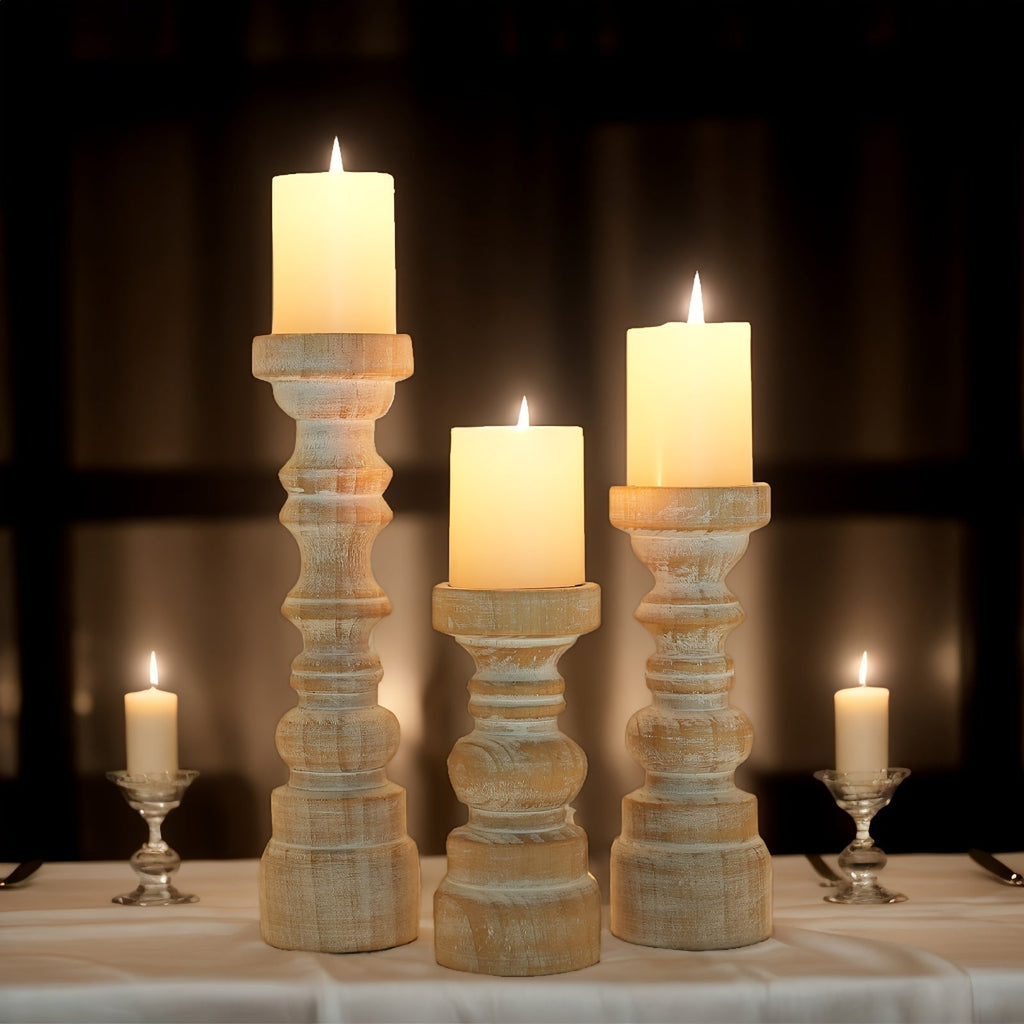 Candle Holder Set of 3 Graduated Brown Wood Pillar Stands with Turned Farmhouse Profiles for Tabletop Displays — image 6