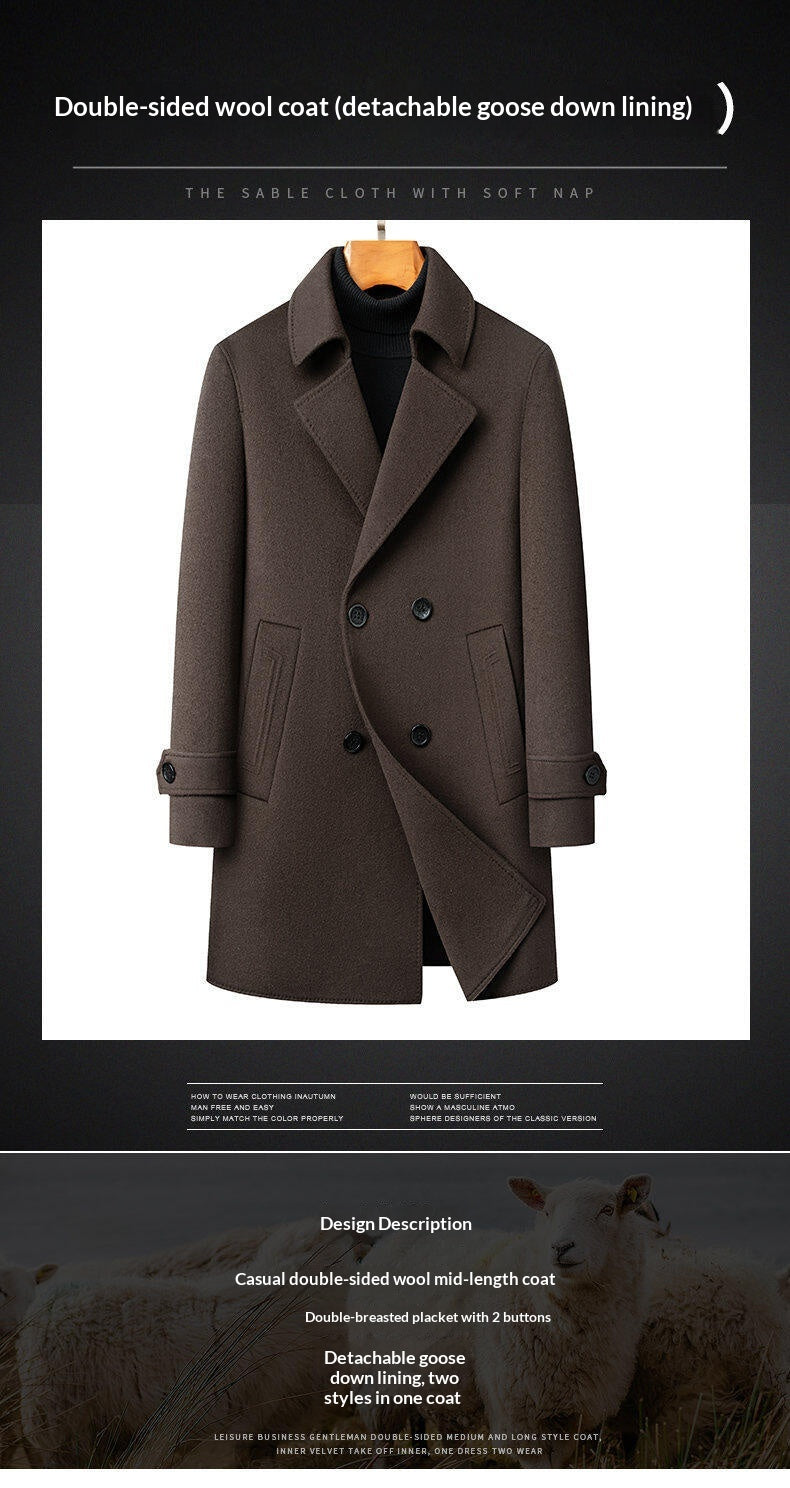 Arrival Long Double-Faced Wool Coat With Detachable Goose Down Lining And Double-Breasted Design