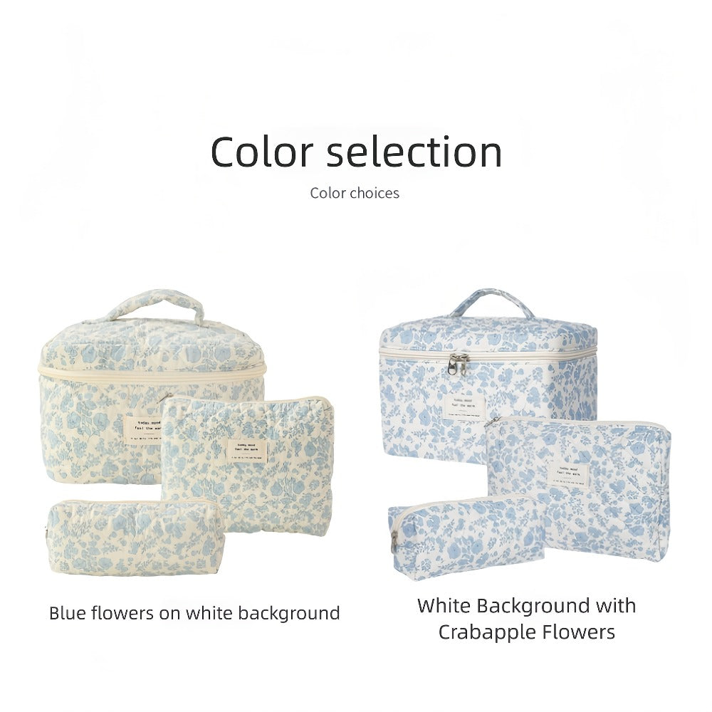 Quilted Makeup Bag Set 3 Pcs Floral Pattern Large Capacity Travel Cosmetic Organizer with Gold Zipper – Polyester Skincare To