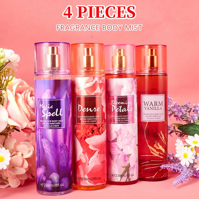 Body Spray for Women 4-Pack 8.4oz Each Hair Body Fragrance Mist Set 20 Floral Fruity Scents Daily Use Gift Value Bundle 250ml
