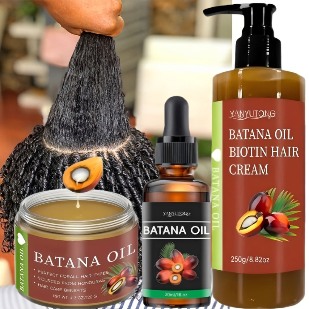 Three-Piece Batana Oil and Biotin Hair Care Set with Pump Cream, Dropper Bottle and Balm Formats — image 1