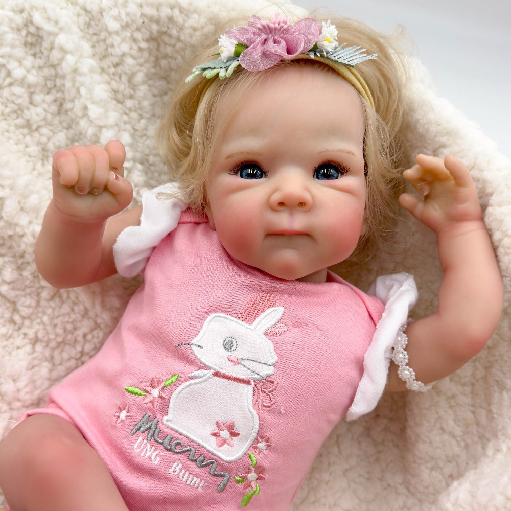 Reborn Baby Doll 16-Inch Cloth Body with Rooted Blonde Hair, Open Eyes, Pink Romper and Pacifier Set — image 6