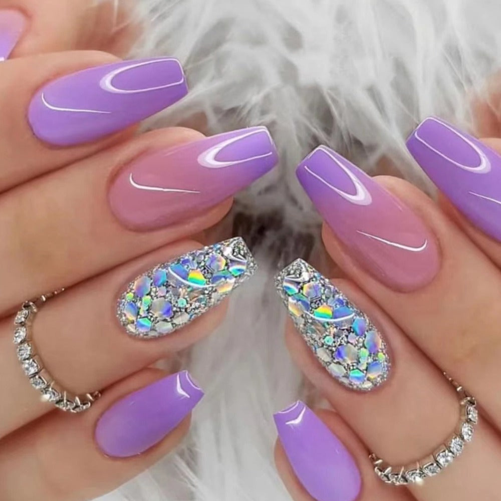 Press On Nails 120-Piece Medium Coffin Five-Pack Pinkish Purple Glitter Sequin Glossy Full-Cover Set — image 12
