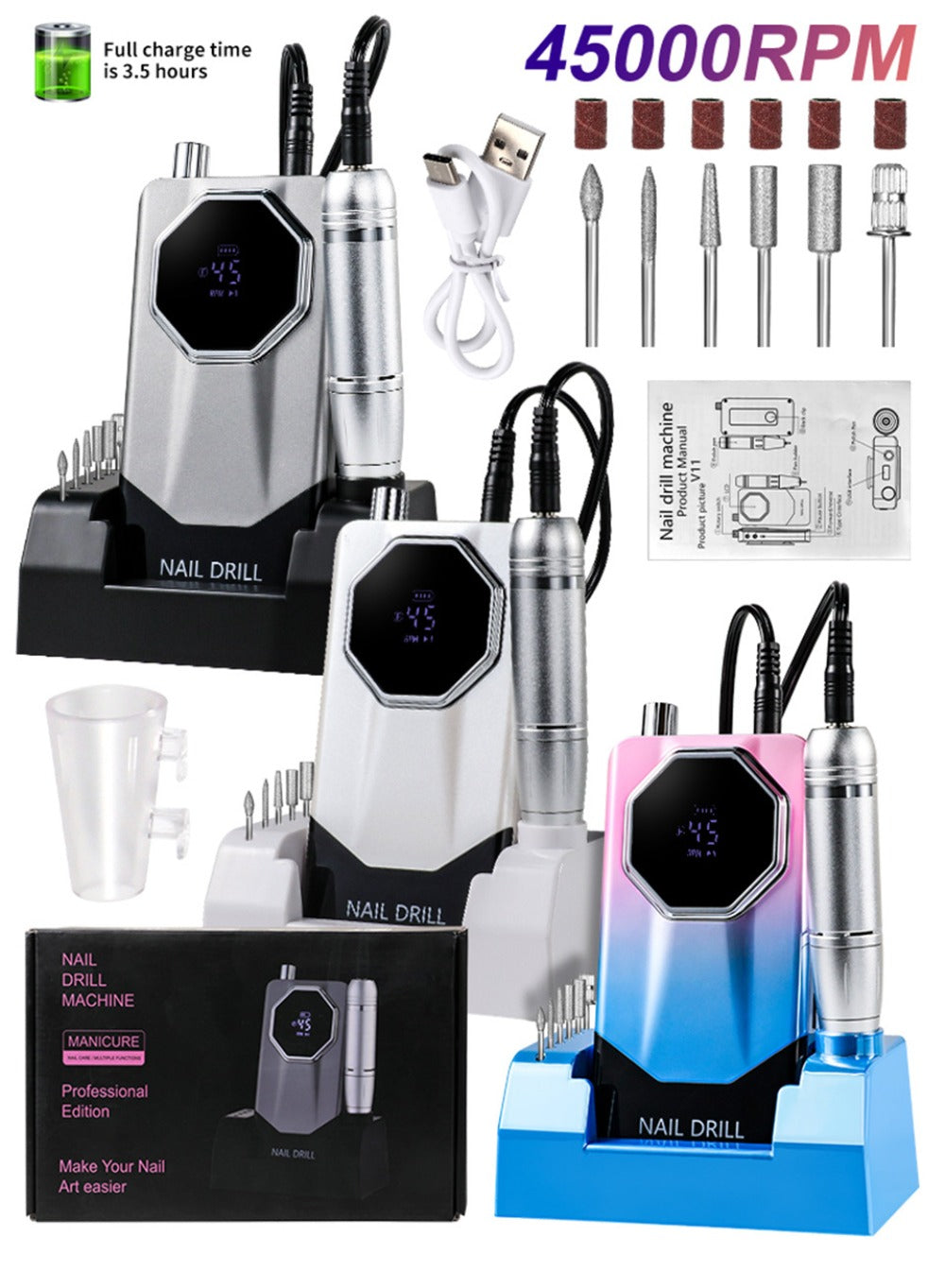Electric Nail Drill 45000 RPM USB Rechargeable Kit with LCD, Forward Reverse and Three Finishes — image 12